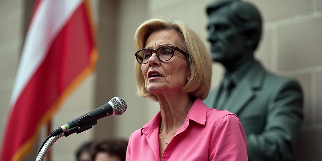 a woman in a pink shirt and glasses speaking into a microphone in front of a flag and a statue, Ada