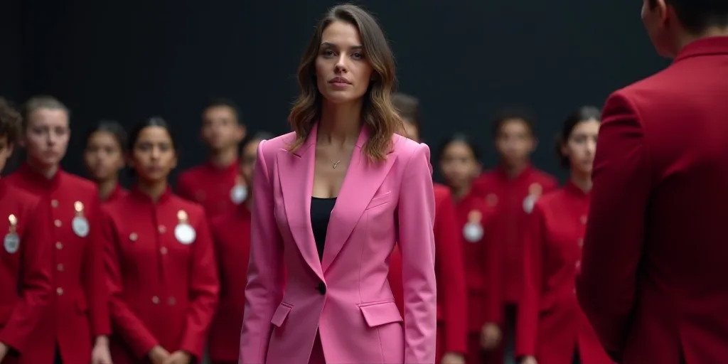 a woman in a pink suit standing on a stage with other people in red uniforms and a man in a red suit