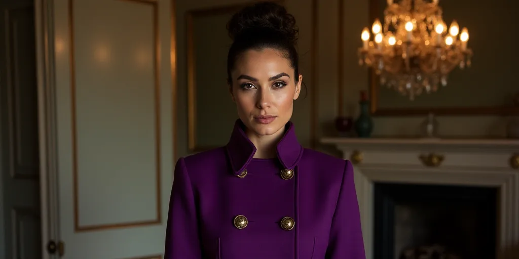 a woman in a purple coat standing in a room with a chandelier and a fireplace in the background, Eva
