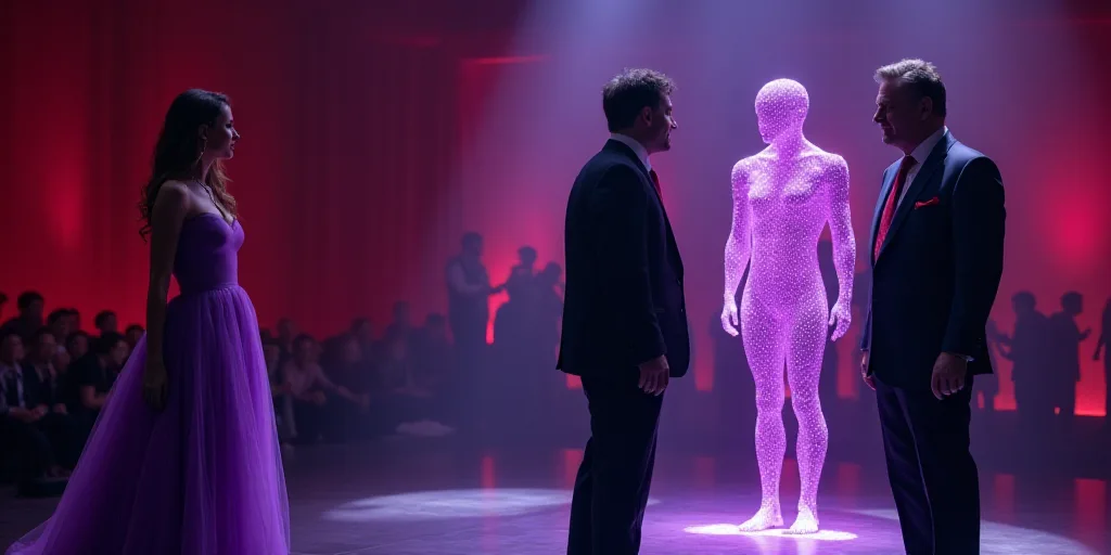 a woman in a purple dress and a man in a suit stand on stage talking to each other and one man in a