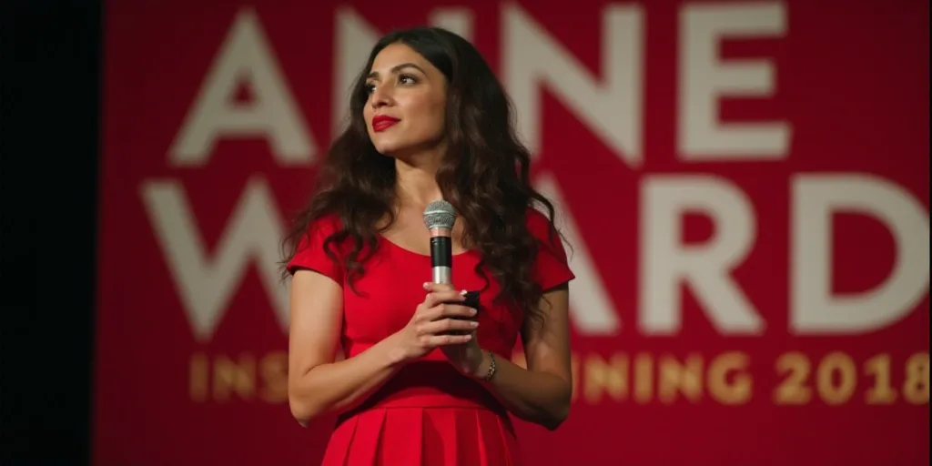 a woman in a red dress holding a microphone and a cell phone in her hands and a banner behind her, A