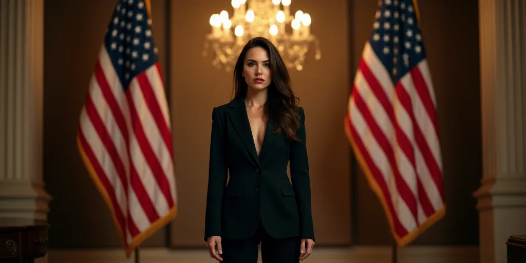 a woman in a suit and heels standing in a room with two american flags in the background and a chand