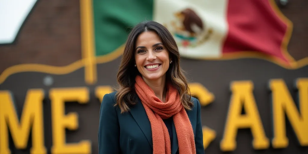 a woman in a suit and scarf standing in front of a mexican sign with a smile on her face, Araceli Gi