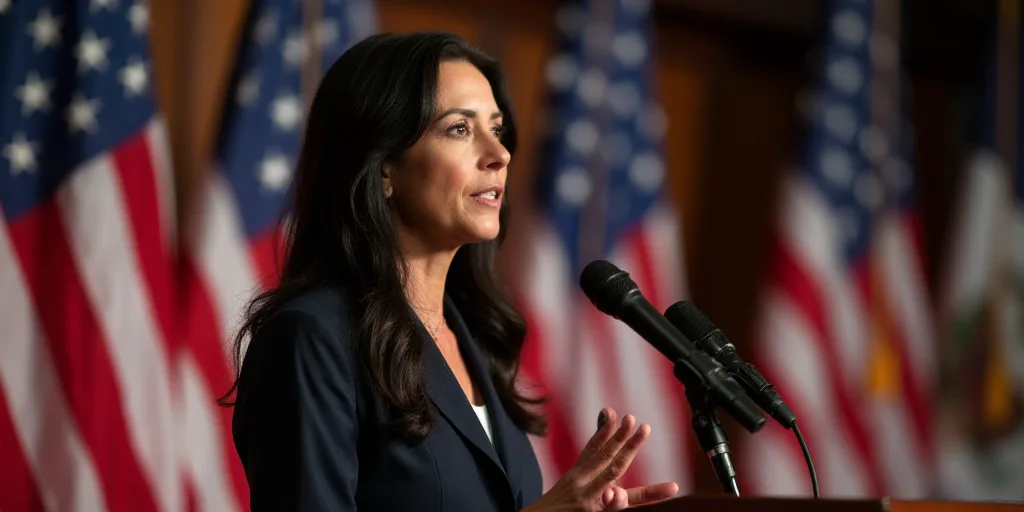 a woman in a suit and tie giving a speech at a podium with flags behind her and a microphone in the