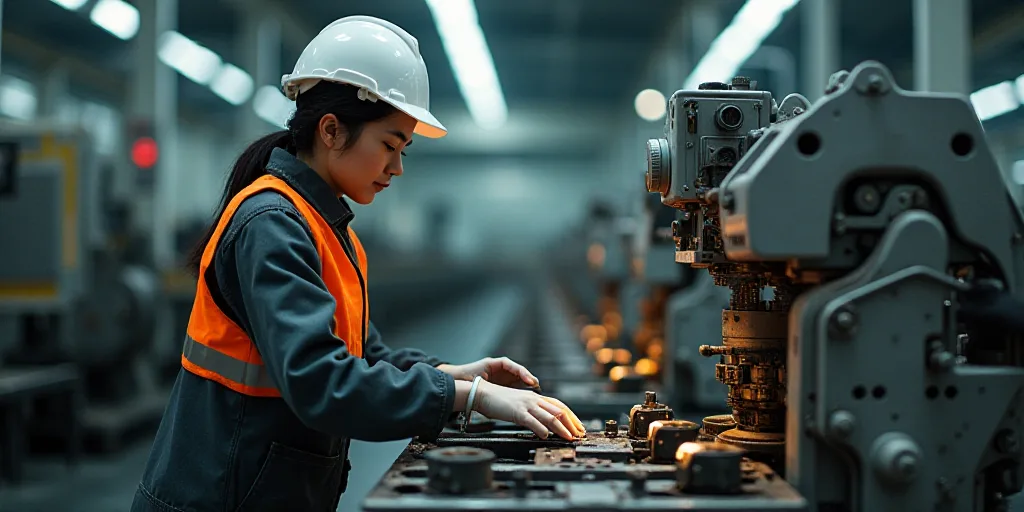 a woman in a white hard hat and safety gear working on a machine in a factory with other machines, C