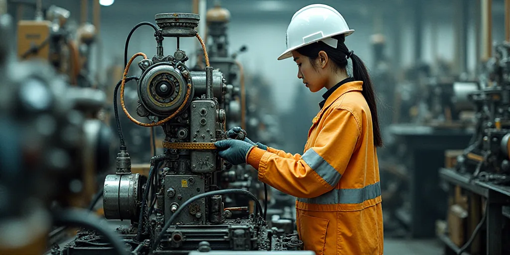 a woman in a white hard hat and safety gear working on a machine in a factory with other machines, C