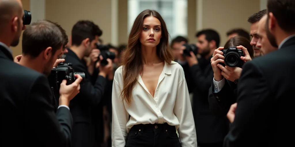 a woman in a white shirt and black pants is surrounded by photographers and photographers taking pic