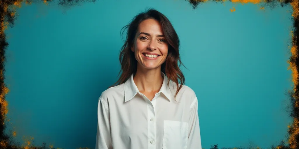 a woman in a white shirt is smiling for the camera with a blue background and a black and yellow bor