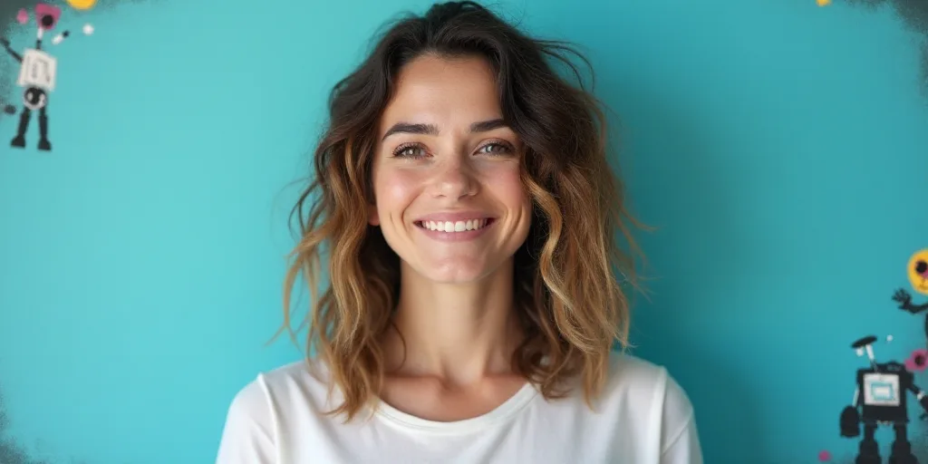 a woman in a white top is smiling for the camera with a blue background and a black and yellow borde