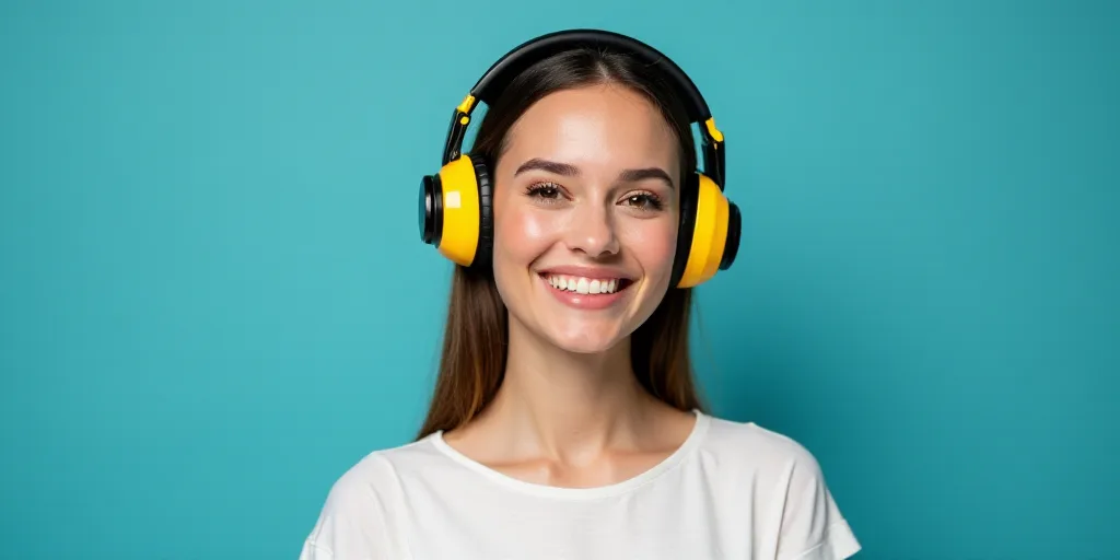 a woman in a white top is smiling for the camera with a blue background and a black and yellow borde