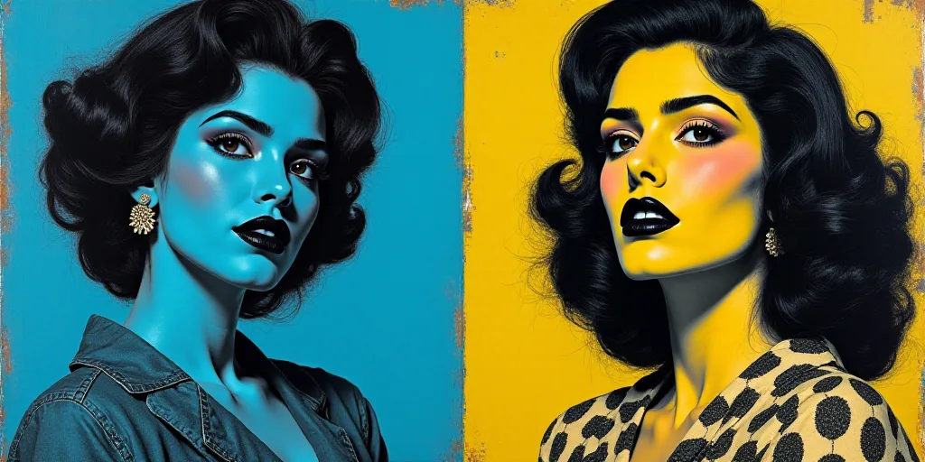 a woman in black and white with a blue background and a blue and yellow background with a black and