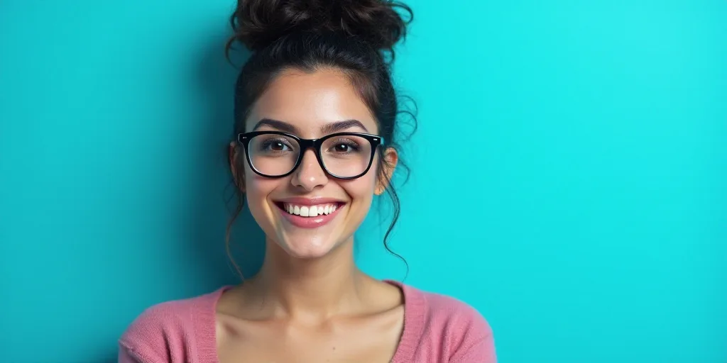 a woman in glasses is smiling for the camera with a blue background and a black and white photo of h