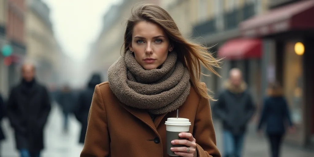 a woman is covering her face with a scarf and a coffee cup in her hand while walking down the street