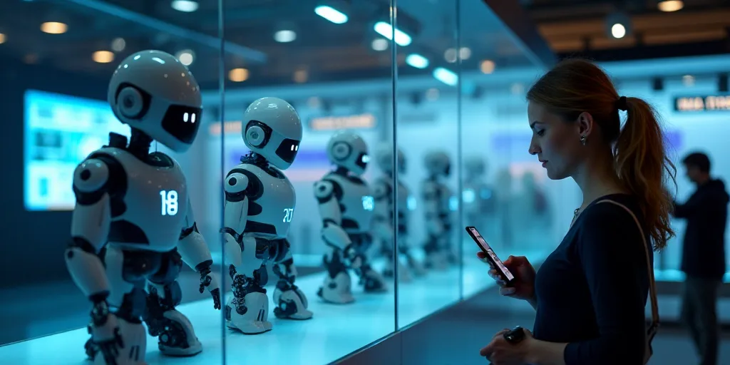 a woman is looking at a cell phone while standing in front of a display of technology and gadgets, A