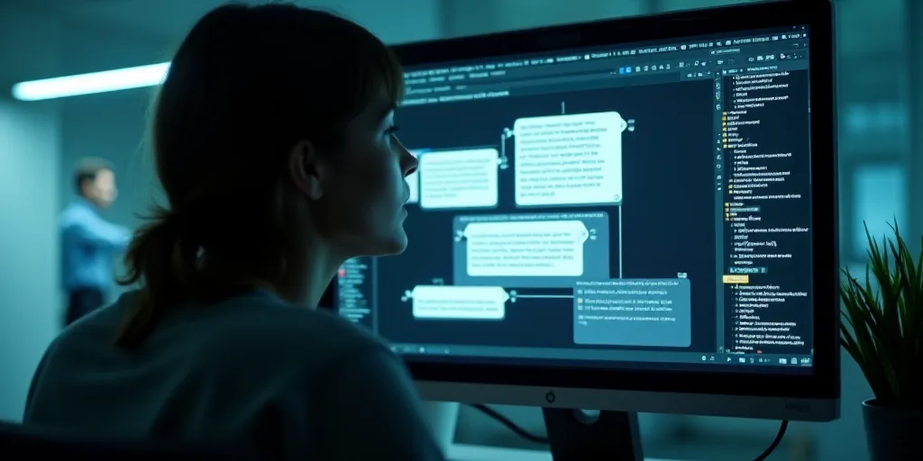 a woman is looking at a computer screen with a conversation bubbles on it and a man is standing in t