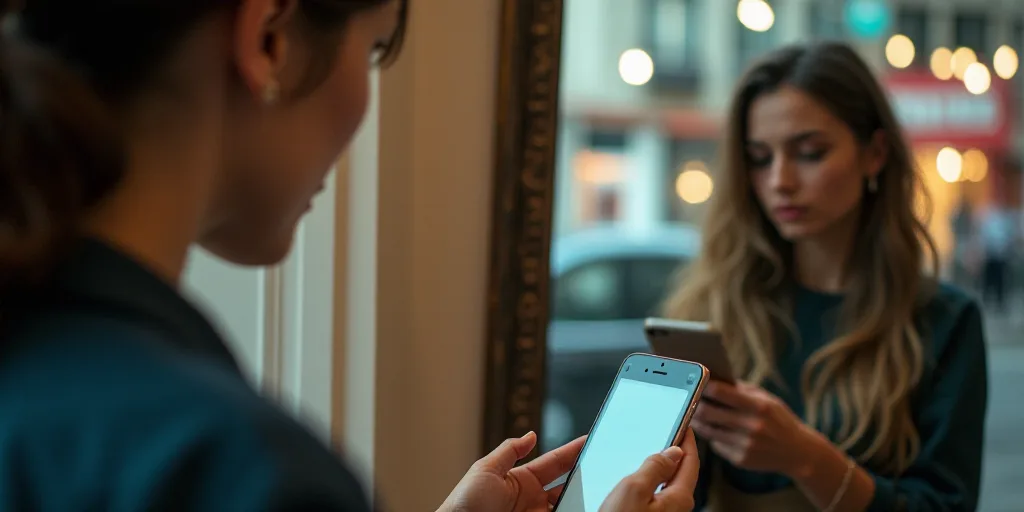 a woman is looking at her cell phone in a mirror in a store with a woman looking at her phone, Aquir
