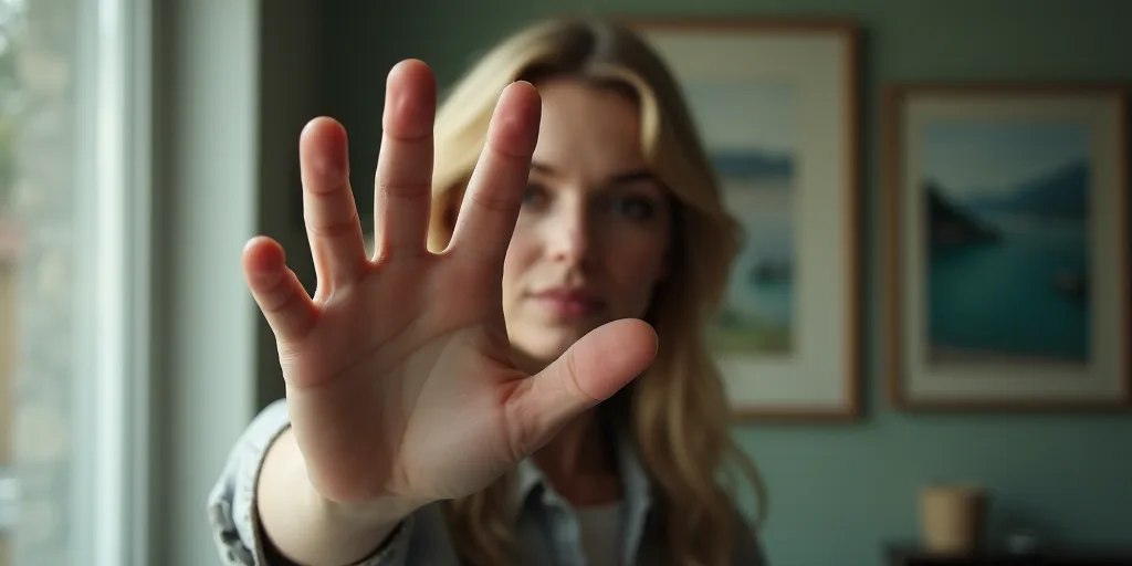 a woman is making a hand gesture with her hand in front of her face and a window behind her, Carol B