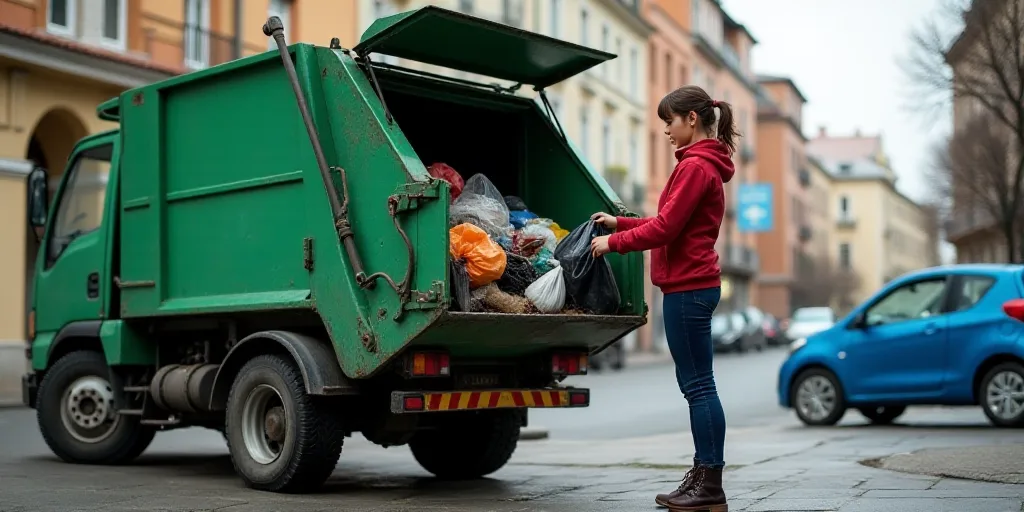 a woman is picking up trash from a garbage truck on a street corner in a city with a blue car parked