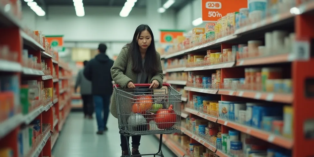a woman is pushing a shopping cart in a store with people looking at items on the shelves and a sign
