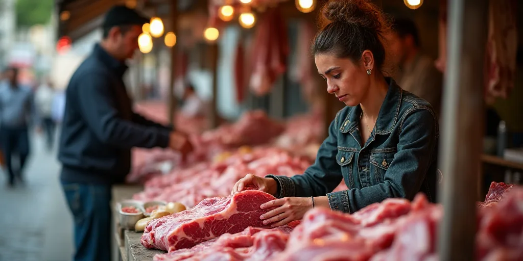 a woman is shopping for meat at a market stall with a man in the background looking at the meat, Cef