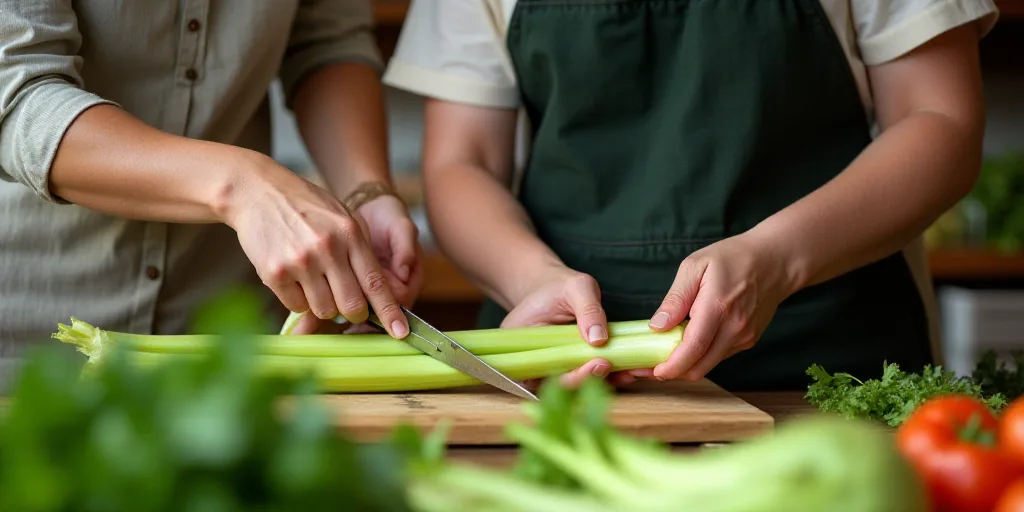 a woman is showing another woman how to cut a piece of celery at a market stall with other vegetable