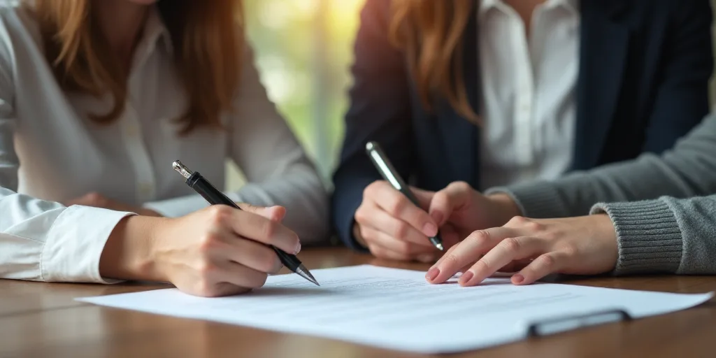 a woman is signing a document with a woman in a white shirt and a woman in a gray sweater, Constance