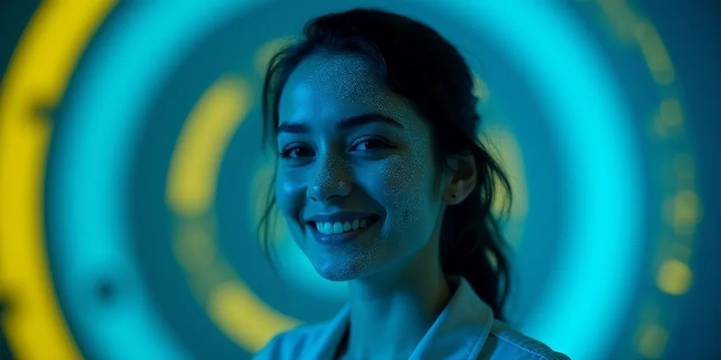 a woman is smiling for a picture with a blue background and a yellow border around her is a blue and