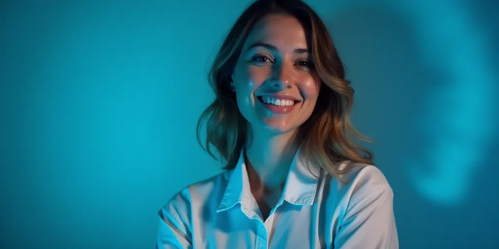 a woman is smiling for a picture with a blue background and a black and white photo of her in a butt