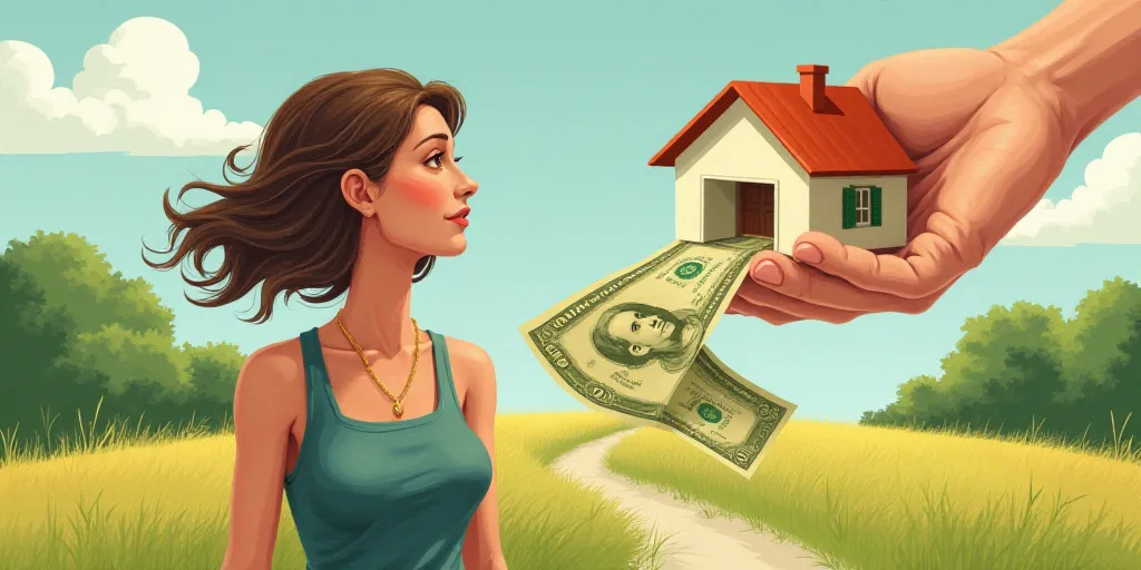 a woman is standing in front of a house with money coming out of it and a hand holding a house, Bren
