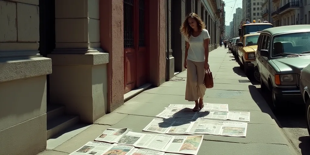 a woman is standing on a sidewalk with newspapers laid out on the ground and a woman is bending over