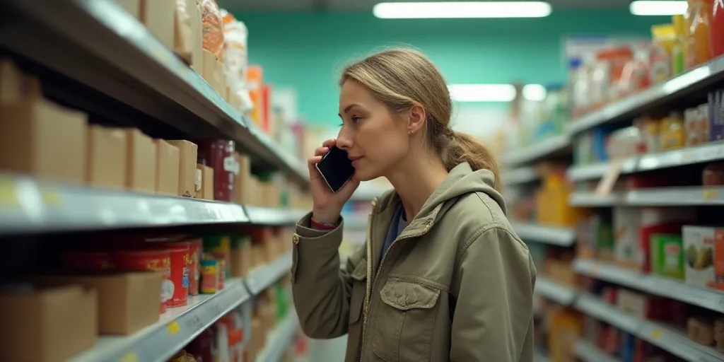 a woman is talking on her cell phone in a grocery store aisle with bags of groceries on the shelf, D