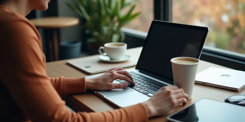 a woman is using a laptop computer on a table with other items and a cup of coffee on it, Andries St