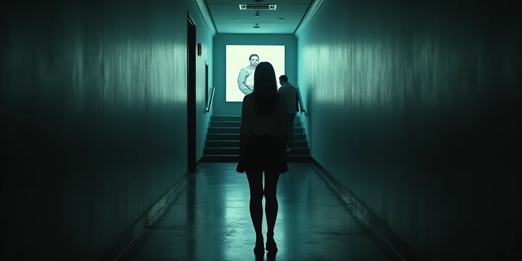a woman is walking down a dark hallway with a poster on the wall behind her and people walking up th