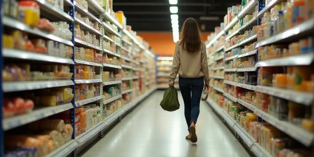 a woman is walking down a grocery aisle with a bag in her hand and a grocery bag in her other hand,
