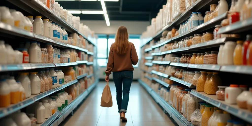 a woman is walking through a grocery store aisle with bags of food in front of her and a shelf full