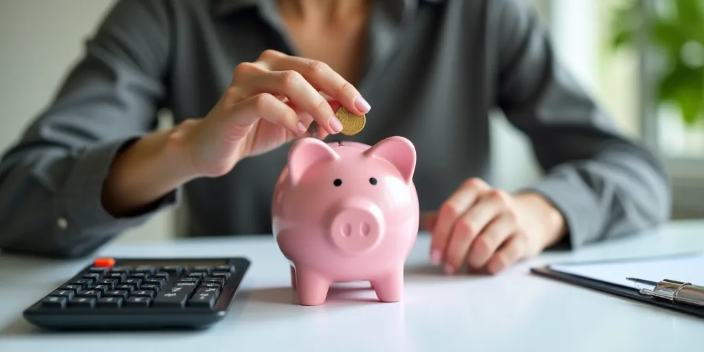 a woman putting a coin into a piggy bank next to a calculator and a clipboard, Évariste Vital Lumin