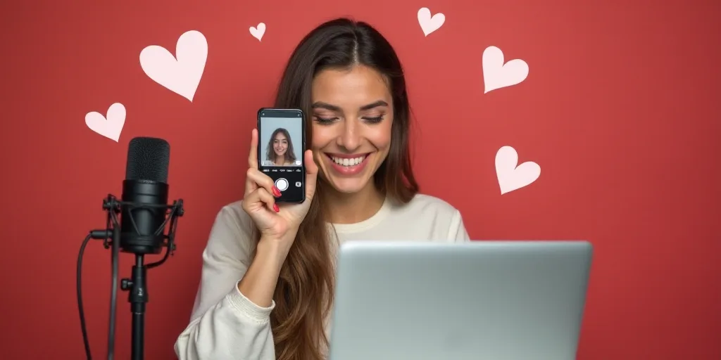 a woman recording a video on her phone with a microphone and laptop in front of her and hearts aroun