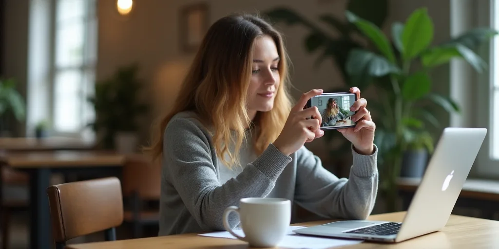 a woman sitting at a desk taking a picture with her phone and laptop computer in front of her, with
