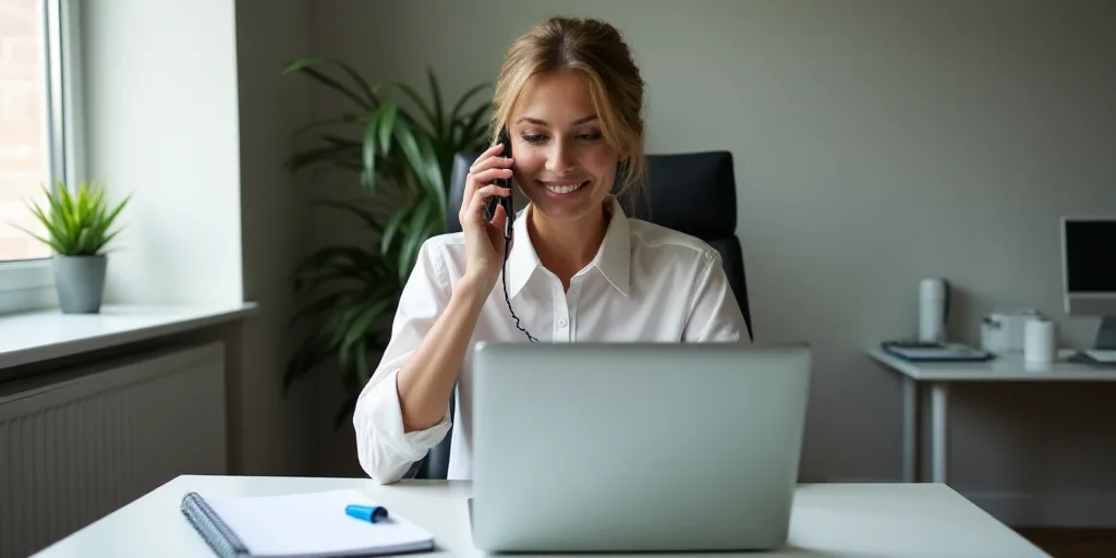 a woman sitting at a desk with a laptop and a notebook in front of her, talking on the phone, Evalin