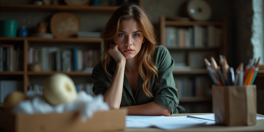 a woman sitting at a desk with a box of items in front of her and a box of other items behind her, A