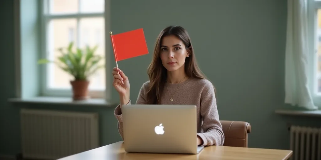 a woman sitting at a desk with a laptop computer in front of her and a flag on top of her, Carlos Tr