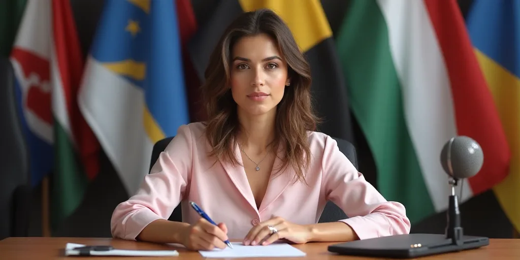 a woman sitting at a desk with a pen and paper in front of her and flags behind her and a microphone