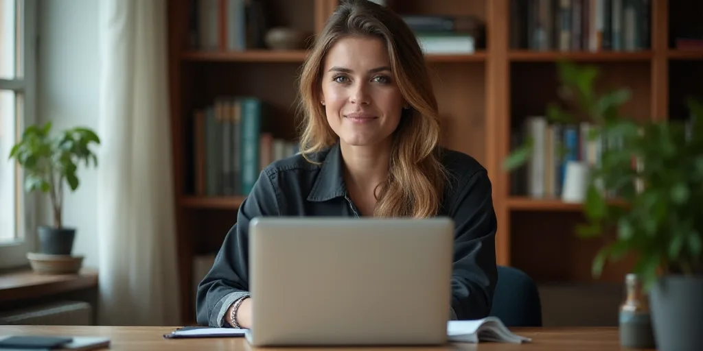 a woman sitting at a desk with a laptop computer in front of her and a bookcase behind her, Claire F