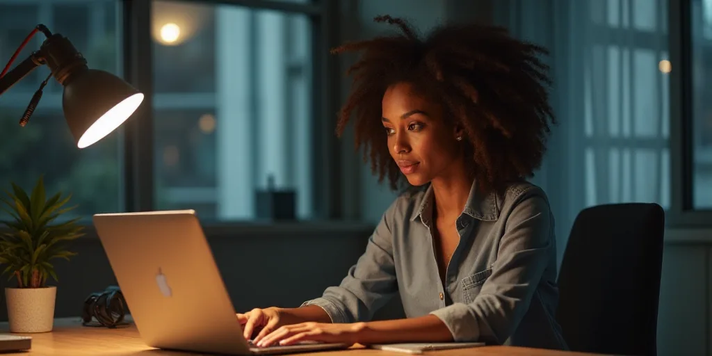 a woman sitting at a desk with a laptop computer in front of her and a microphone in front of her, A
