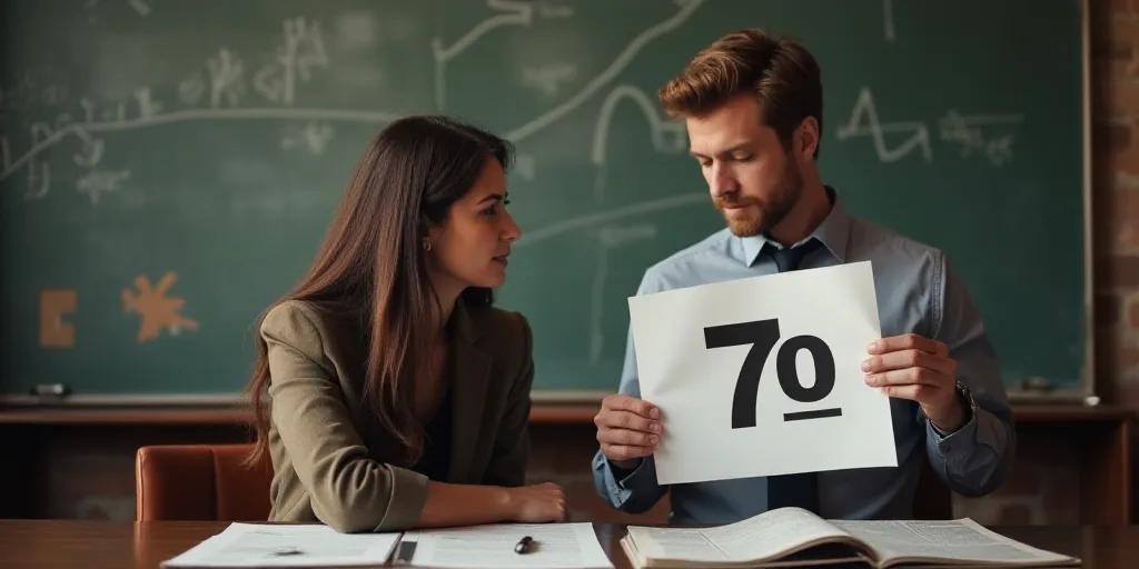 a woman sitting at a desk with a newspaper in front of her and a man holding a sign with the number