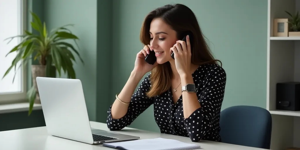 a woman sitting at a desk with a laptop and a notebook in front of her, talking on the phone, Evalin