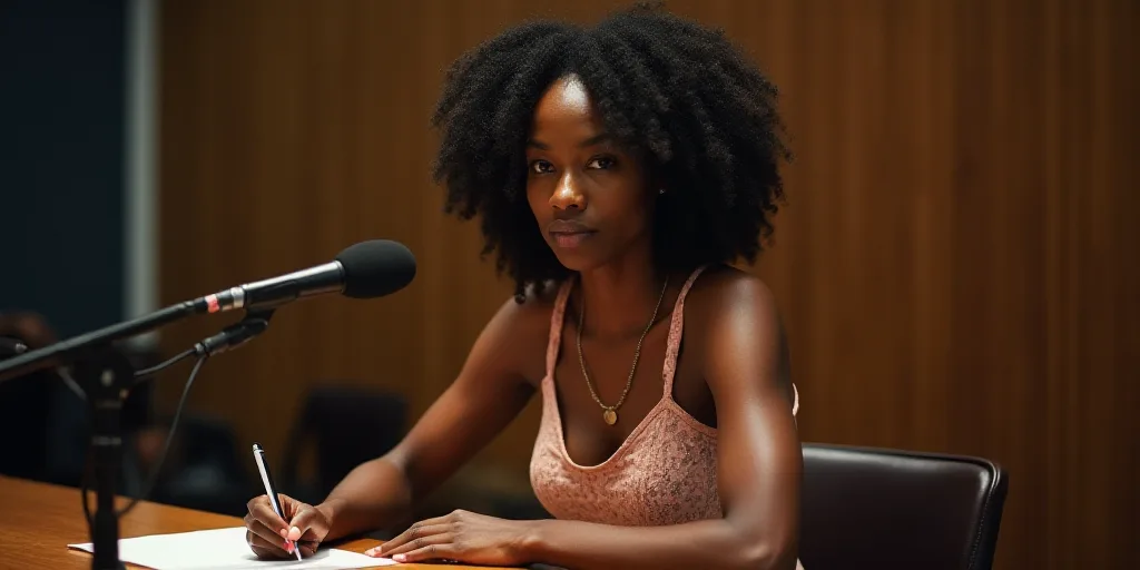 a woman sitting at a table with a microphone in front of her and a microphone in front of her, Chinw