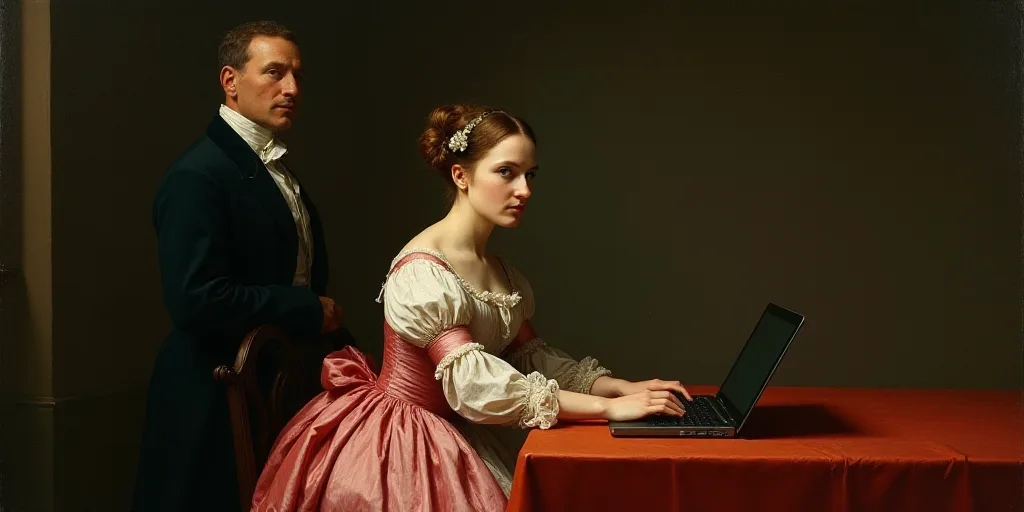 a woman sitting at a table with a laptop computer in front of her and a man standing behind her, Év