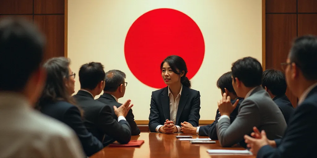 a woman sitting at a table with a flag behind her and other people in the background behind her,, Ch