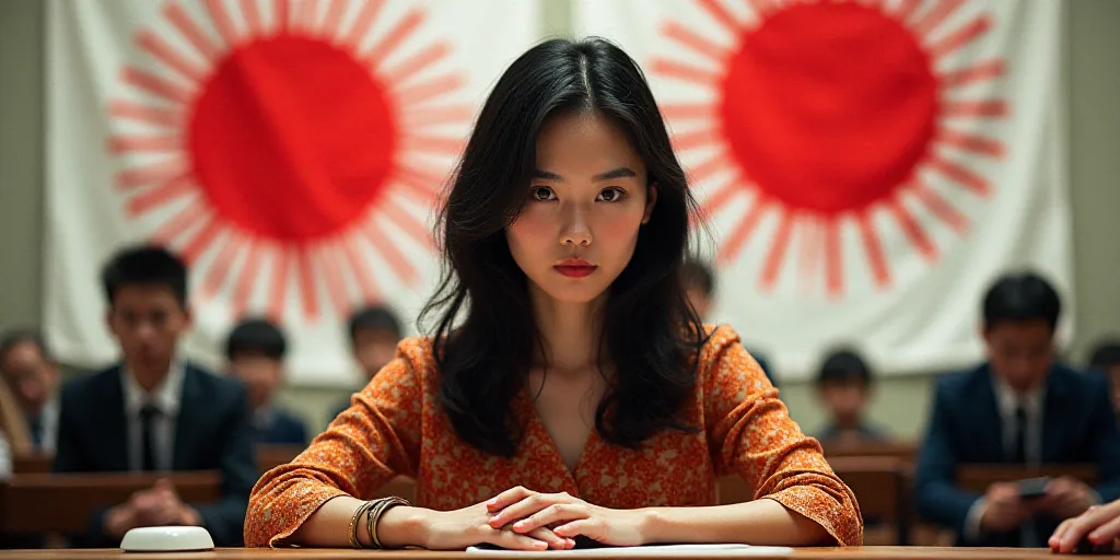 a woman sitting at a table with a flag behind her and other people in the background behind her,, Ch
